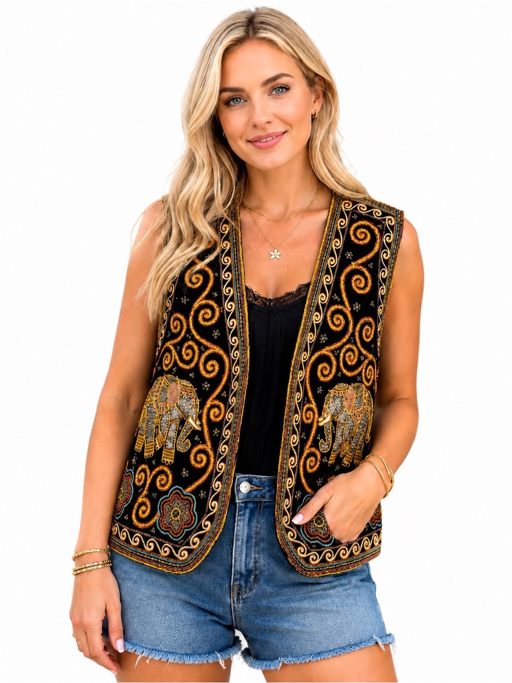 VTG Fall Colors Embroidered Elephant Black & Gold Sleeveless Vest 100% Cotton